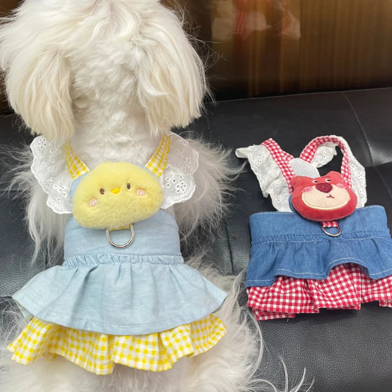 Vestido Pet com Guia para Cães e Gatos Pequenos - Estilo Princesa em Saia Jeans para Verão e Outono - Pede Pet