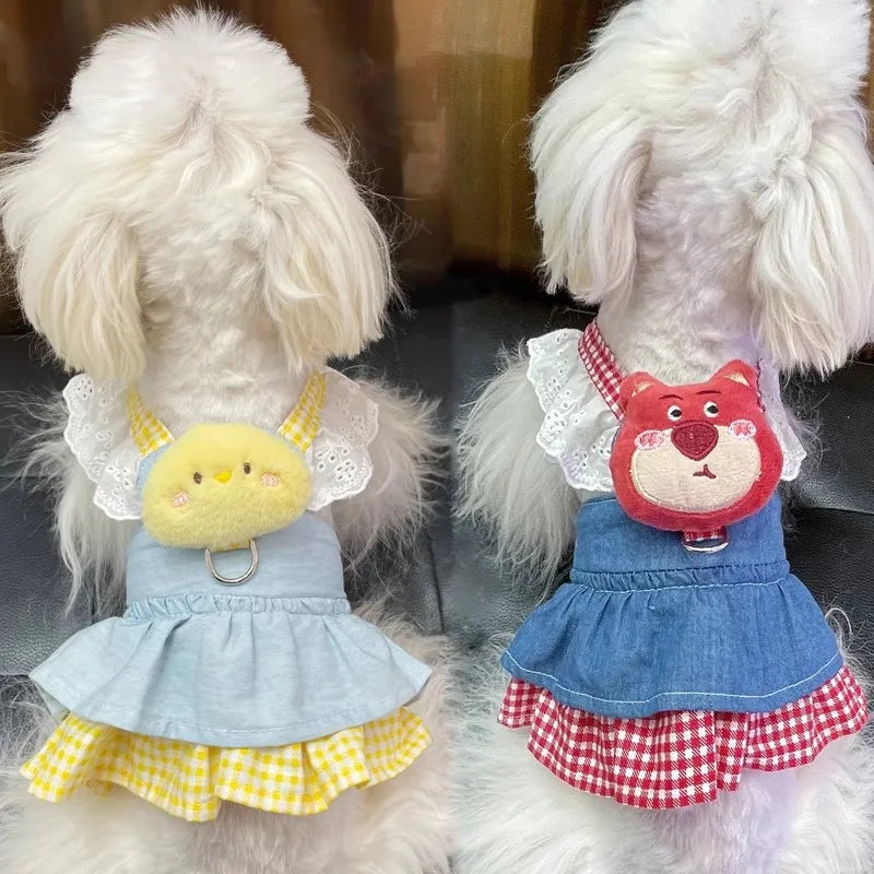 Vestido Pet com Guia para Cães e Gatos Pequenos - Estilo Princesa em Saia Jeans para Verão e Outono - Pede Pet